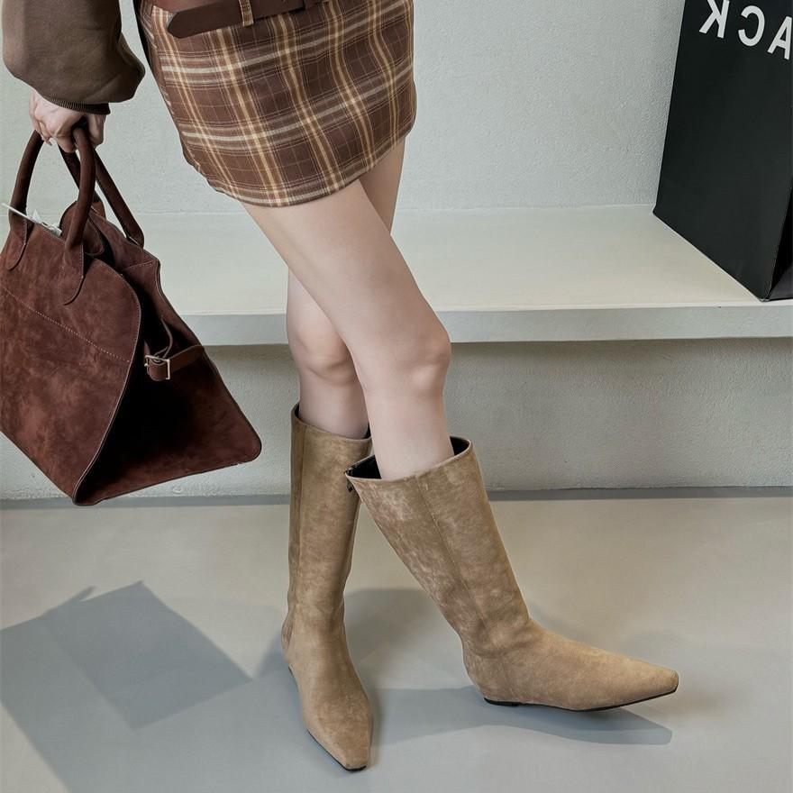 Inner heightening khaki pants tube boots long boots women's shoes 2025 new autumn and winter square head thin long tube knight boots