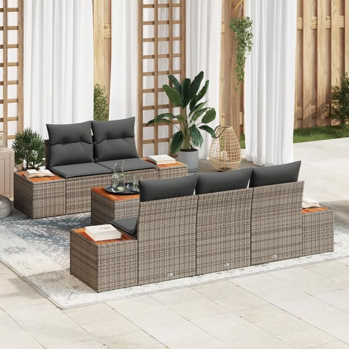 VidaXL Ensemble de canapé de jardin 6 pièces avec coussins gris poly rotin acacia 3348025
