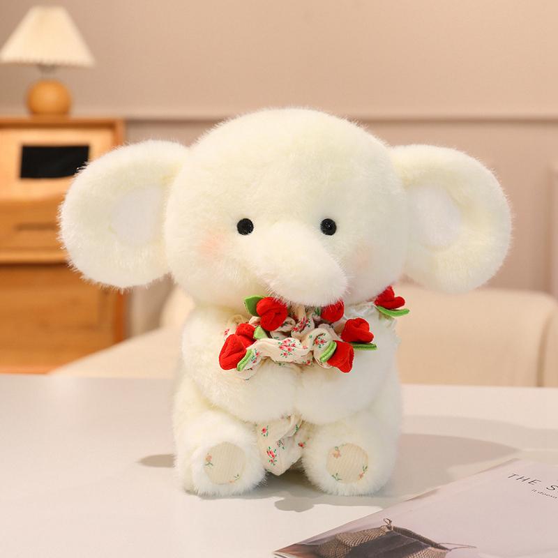 Adorable Sweet Elephant Hold Rose Bouquet Plush Doll Soft Stuffed Little Elephant With Flower Plushie Toy Cute Gift For Kids