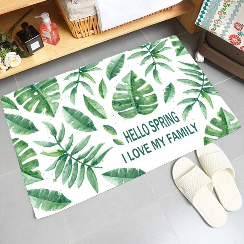 Soft Non-slip Absorbent Flannel Door Mat with Green Plant Design Washable Bathroom Kitchen Rug Home Decoration Carpet