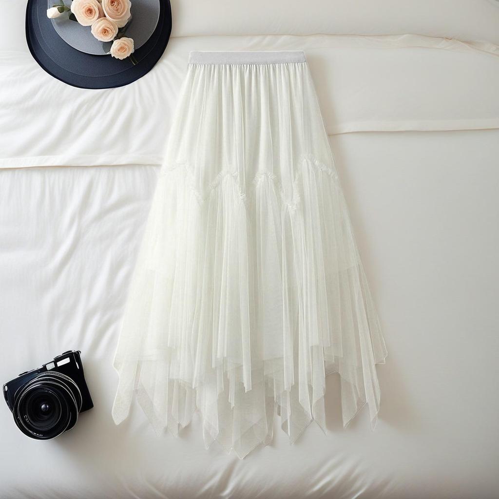 Women's High-Waisted A-Line Irregular Mesh Midi Skirt with Patchwork and Fluffy Hem for Spring/Summer
