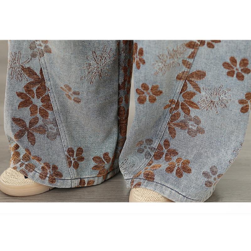DIMANAF 2026 Summer New Plus Size Women Jeans Vintage Floral Elastic Waist Long Pants Loose Casual Denim Cotton Trousers Pants