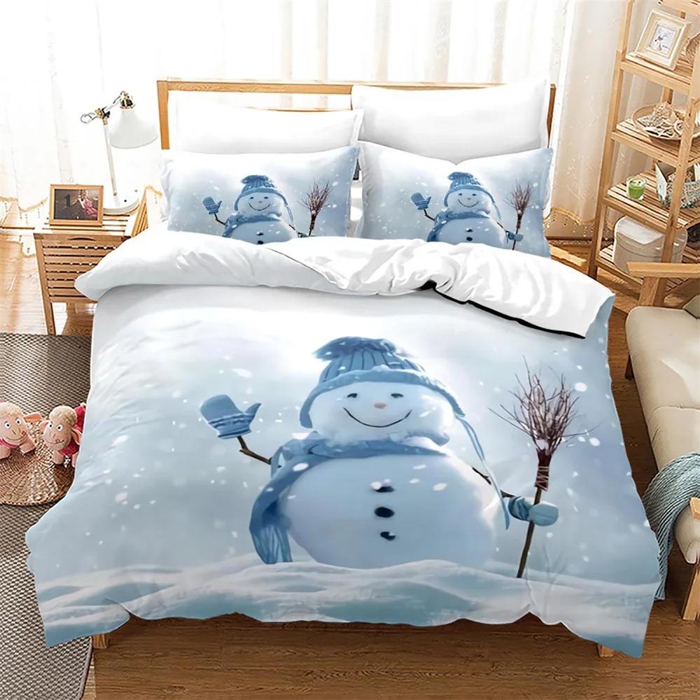 Christmas Duvet Cover Set King Queen Full Size Winter Theme Snowman Pattern Polyester Comforter Cover For Boys Festival Gift