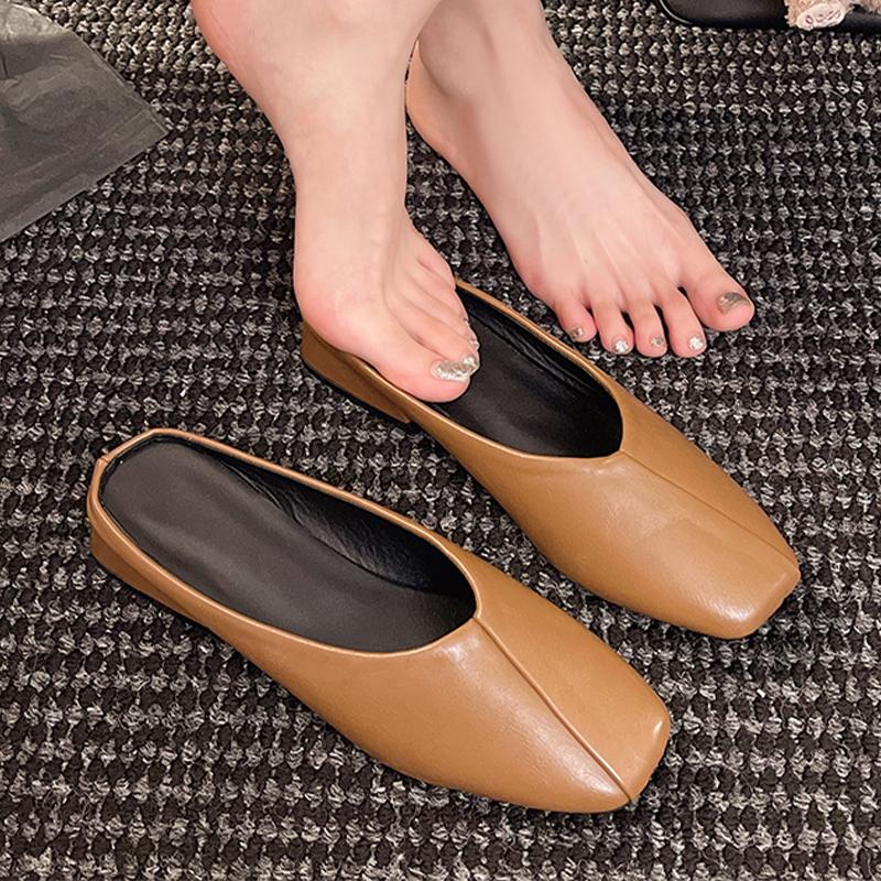Flats Women Slippers Square Toe Slingback Mules Shoes Dress Woman Sandals 2025 Autumn Cozy Casual Zapatillas De Mujer