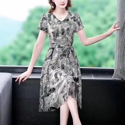 Female Faux Ice Silk Dress Summer New Tie Short-sleeved Dress Printed Thin Show Young V-neck Foreign-style Loose Dresses