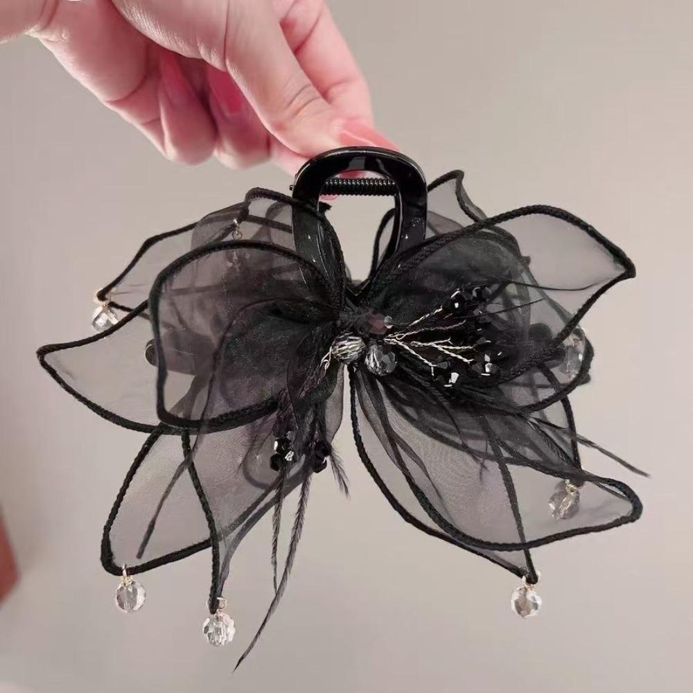 Sheer Tulle Crystal Pendant Spark Crystal Hair Jaw Clip Elegant Tulle Claw Clip Daily Style