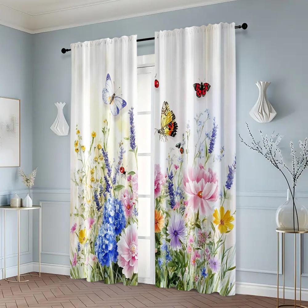 2pcs   Popular Curtain Panels  print Art Deco Floral & Butterfly 100% Polyester (without rod) Outdoor Decorations Use for