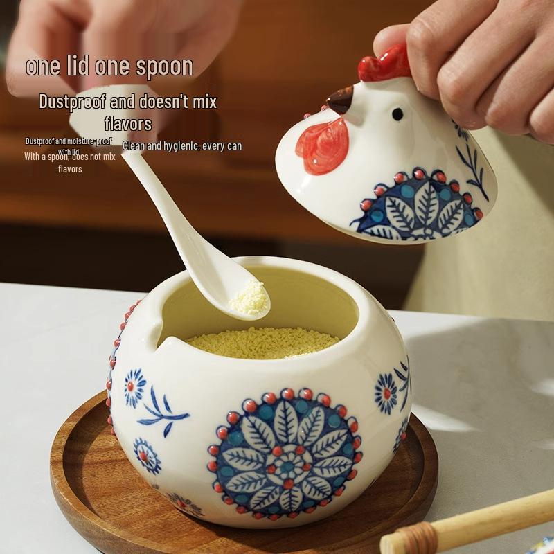 Ceramic Chick Spice Jar with Lid & Spoon - Moisture-Proof, High-End Kitchen Salt & Chili Shaker.
