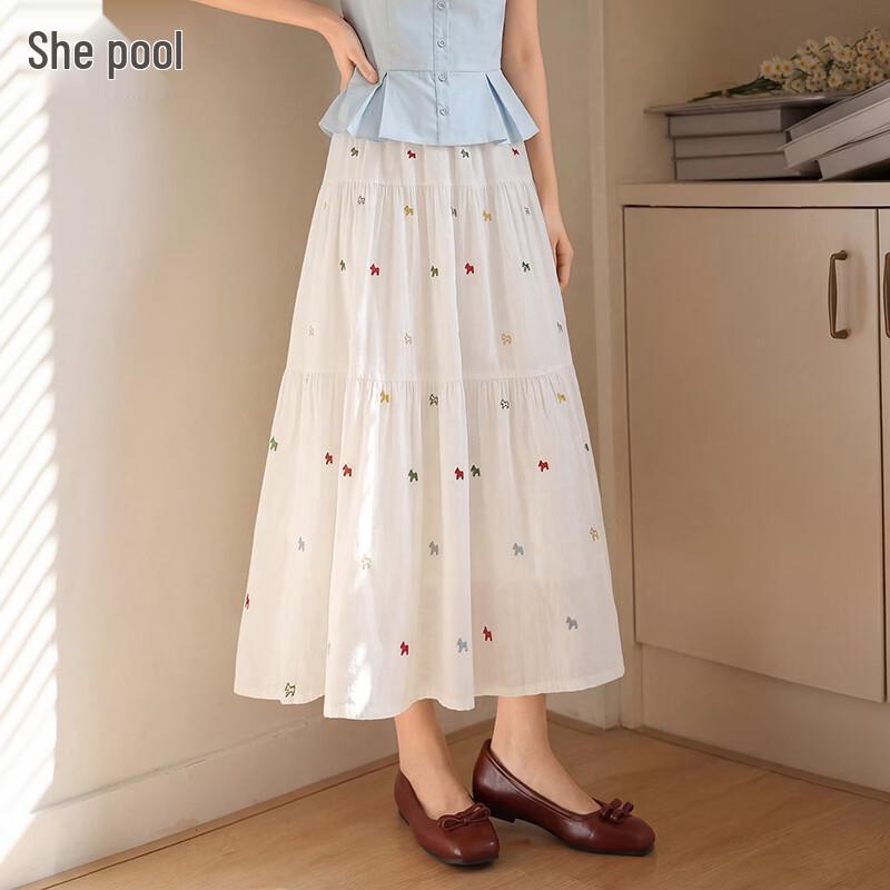 Fresh Embroidered Patchwork A-line Midi Skirt One Size