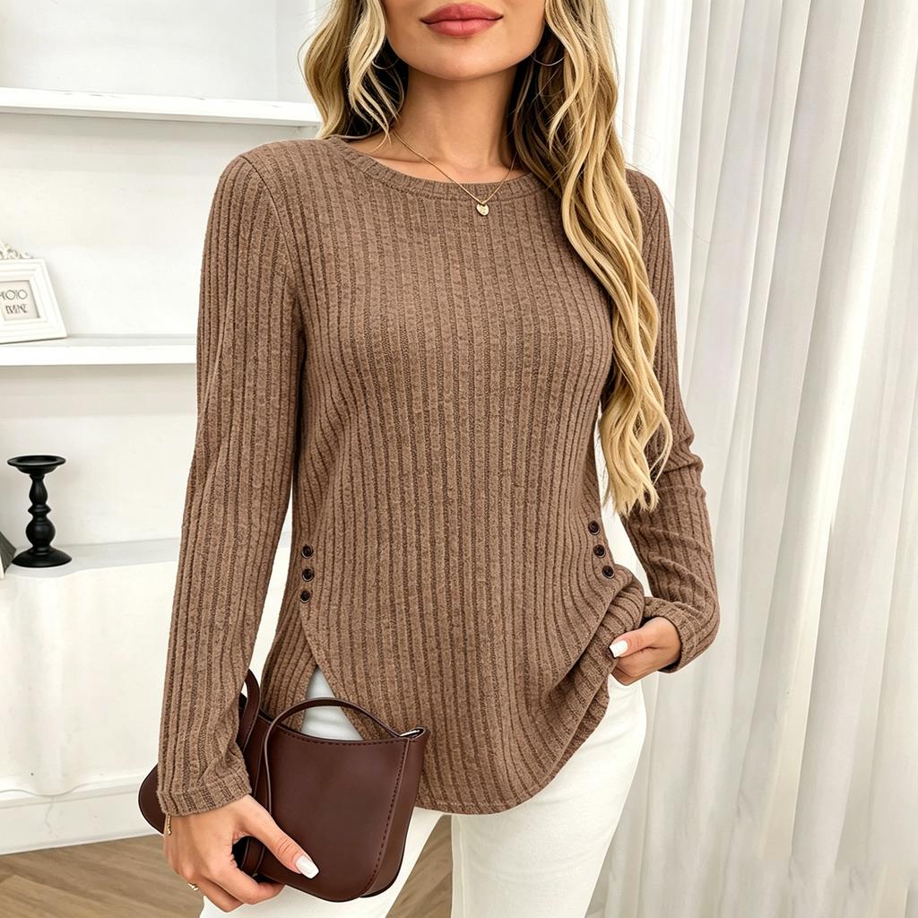 Women Fashion Casual Ribbed Knit Round Neck Long Sleeve Button Detail Top Pullover Shirt Slim Fit Lightweight Soft Fabric