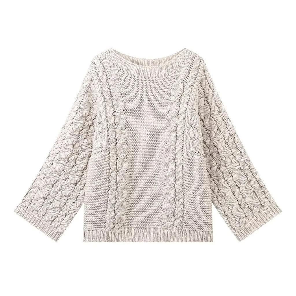 Women's Thick Line Big Twist Knitted Loose Sweater Pullover Fashion Casual Crochet Round Neck Sweaters Solid Color New Knitwear