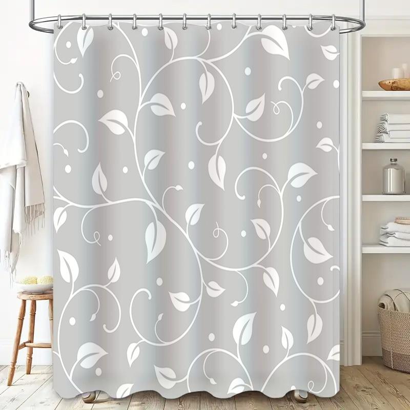Leaf Pattern Shower Curtain Elegant White Decorative Bath Rug Privacy Cover Waterproof Bathroom Liner with Ring Holder Set for H