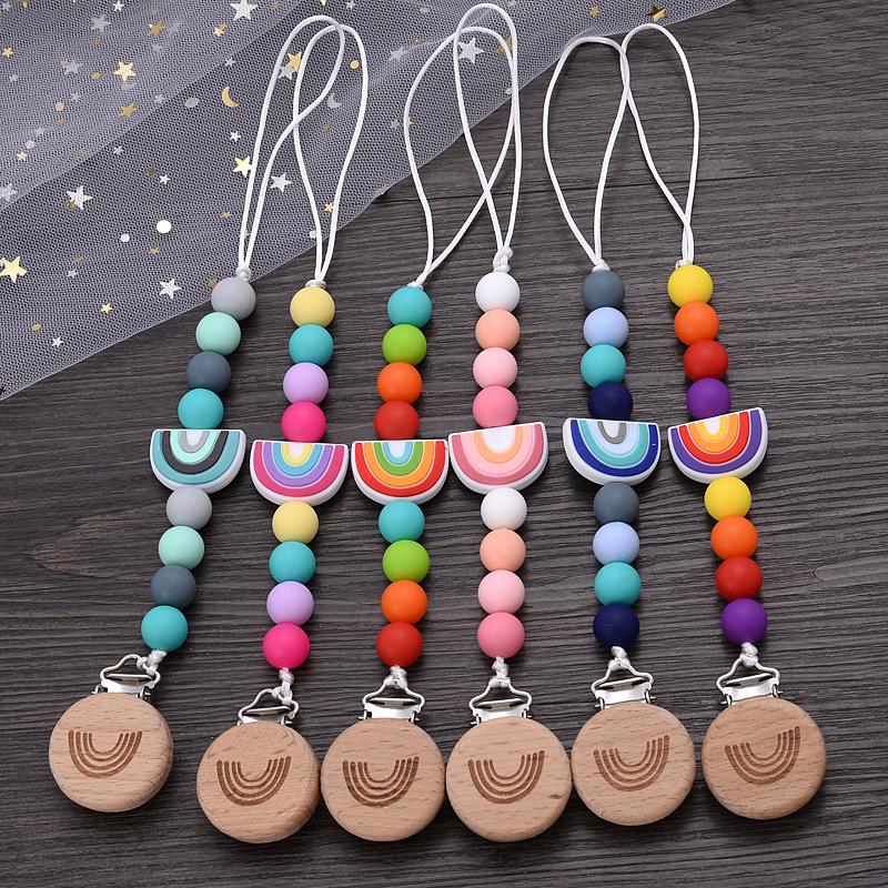 Beech Wooden Baby Pacifier Clip Handmade Cartoon Rainbow Silicone Teething Beads Infant Nipple Chain Nursing Toy Chew Gift