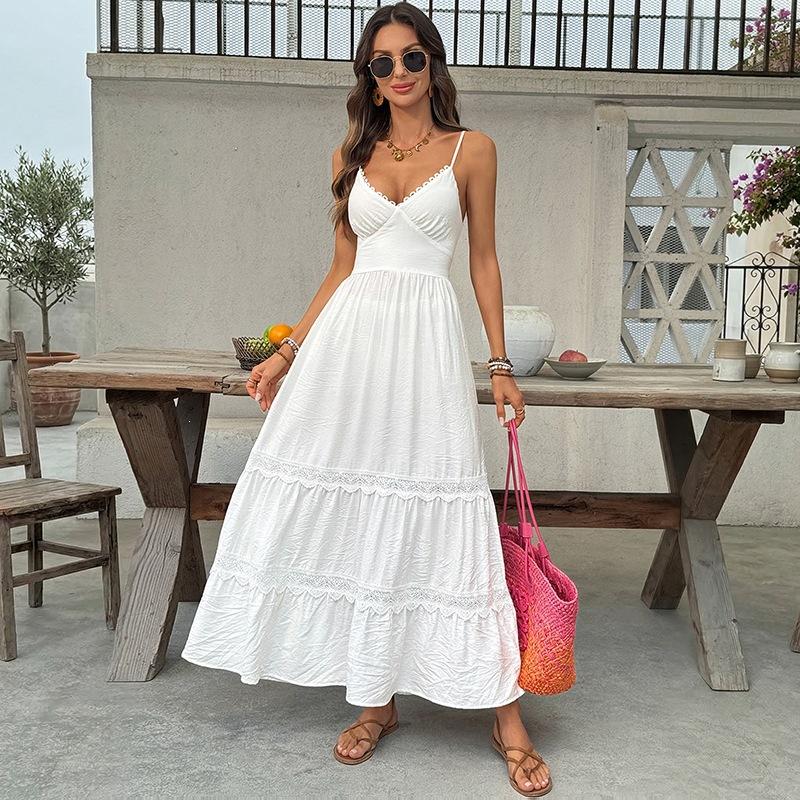 TEMU2026 new French holiday cake dress white lace suspender halter bow big swing dress S белый