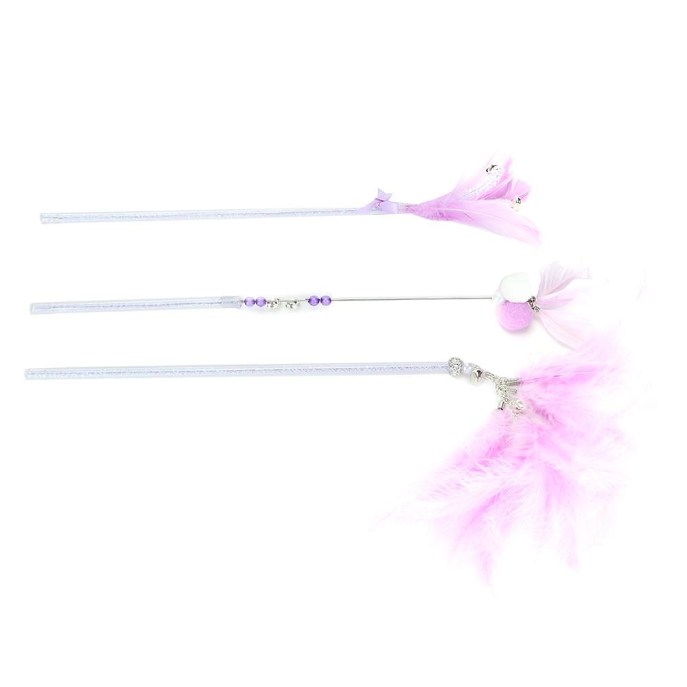 3er Set Katze Lustiger Stab Zauberstab Schleifendesign Haustier Teaser Spielzeug mit Knuspriger Glocke und Feder