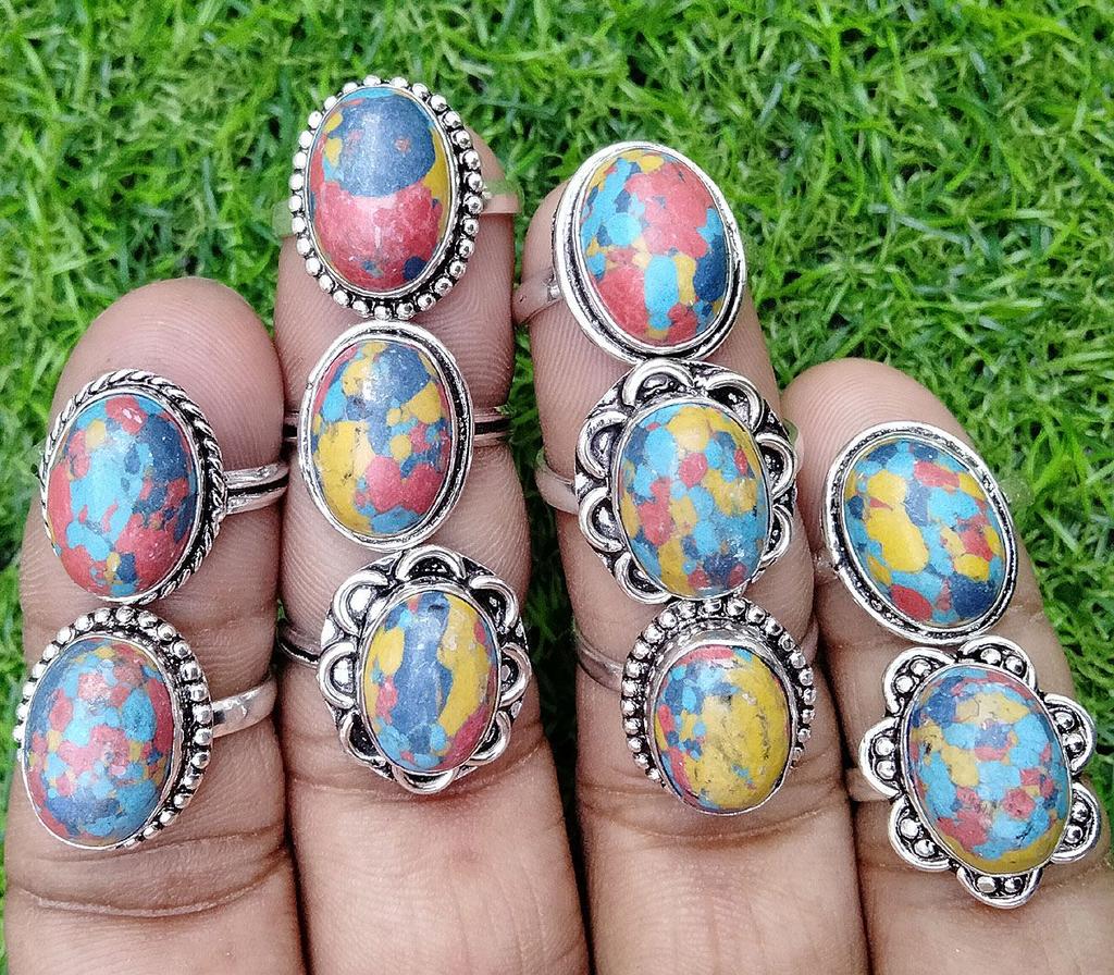 10Pcs Mosaic Jasper Gemstone 925 Sterling Silver Plated Wholesale Lot Rings JOR-R231