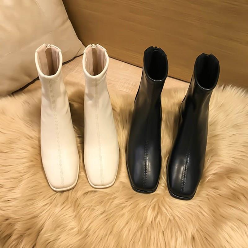 Beige Slimming Square Toe Chunky Ankle Boots with Back Zipper and Fleece Lining for Women – 2025 Autumn/Winter Collection