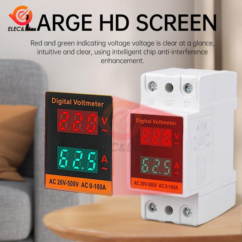 2 in 1 35mm Din Rail Voltmeter Ammeter AC 20-500V 100A Multi-function AC Voltmeter Voltage Amps Meter Built-in Transformer