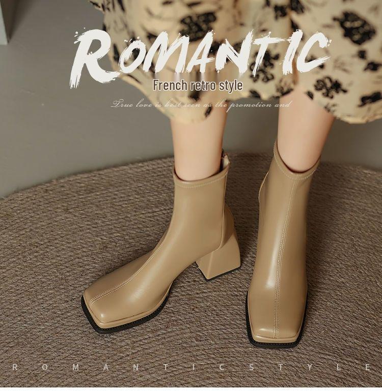 Women's Soft Leather Elastic Ankle Chunky Heel Boots - Autumn/Winter 2025, Square Toe, Plush, Platform Martin Style.