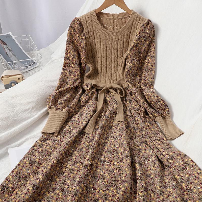 Trendy Autumn/Winter Korean Style Slimming Patchwork Tie-Up Knit Long Dress with Corduroy Floral Print
