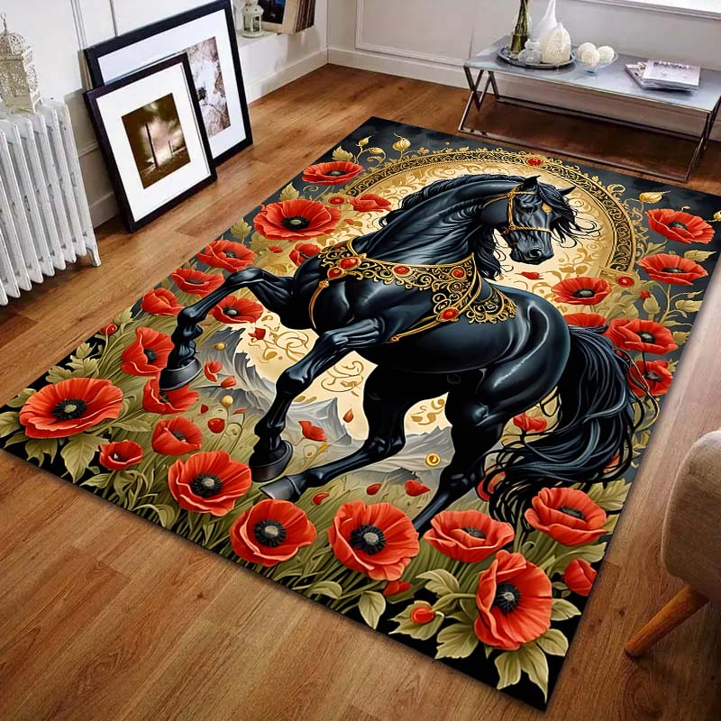 

1 шт. Ковер с принтом цветов и черной лошади для спальни, гостиной, прикроватный, диванный, напольный коврик, современный домашний декор, ковер для зоны 40x60cm (16x24in)