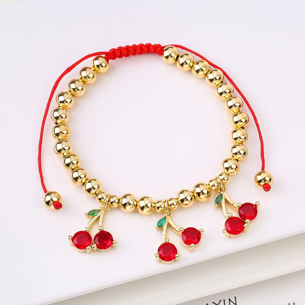 Hot Sale Cute Cherry Strawberry Pendant Copper Bead Chain Bracelet High Quality Crystal Zirconia Fruit Jewelry For Daily Wear