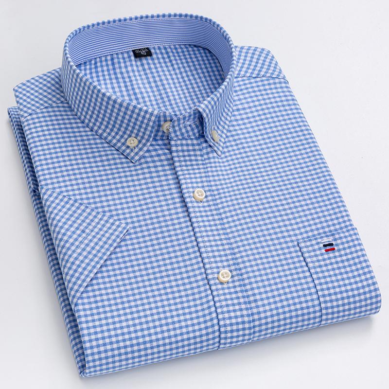Letnie Nowe Męskie Koszule Oxford Krótki Rękaw 100% Bawełna Kratka Miękkie Regularny Krój Formalna Koszula Elegancka Koszula Społeczna Odzież Męska