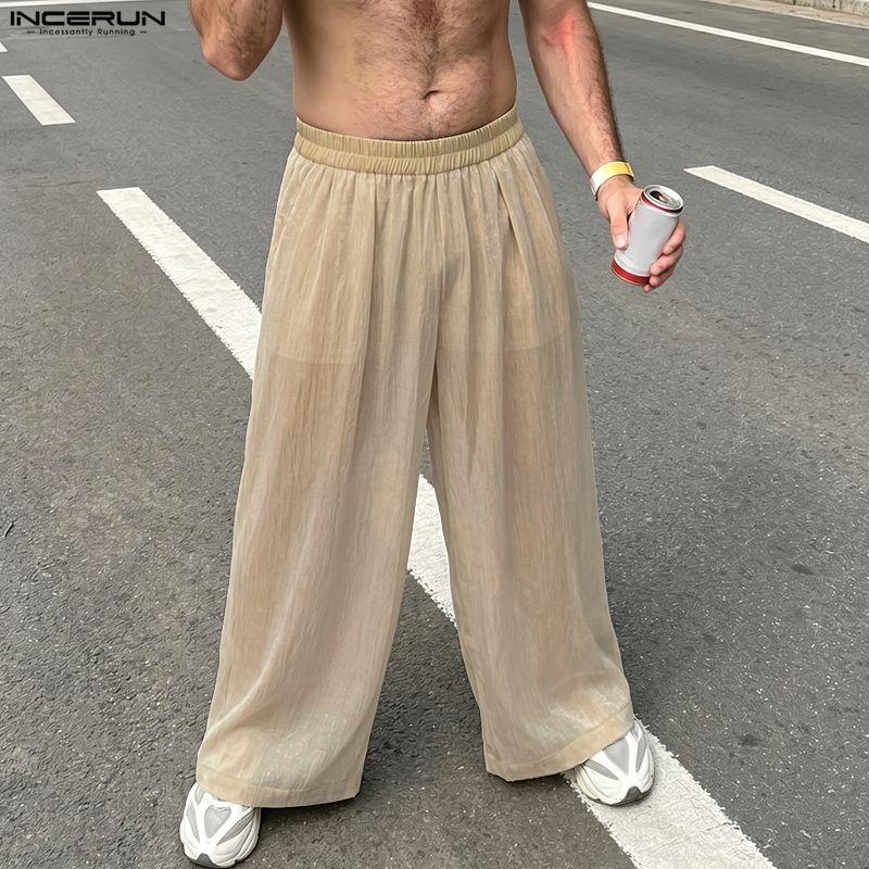 INCERUN Men's Sheer See-Through Casual Loose Beach Party Wide Leg Trousers Pants