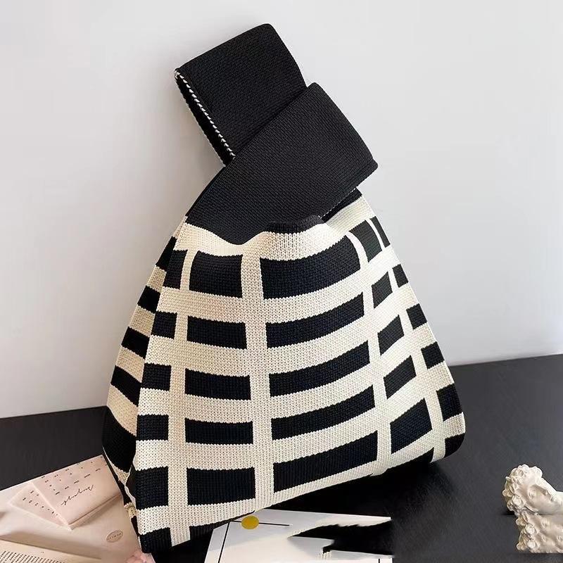 Women's Knot Wrist Bag Handmade Knitted Bag Portable Mini Striped Tote Bucket Phone Bags Large Capacity Autumn Winter Handbags