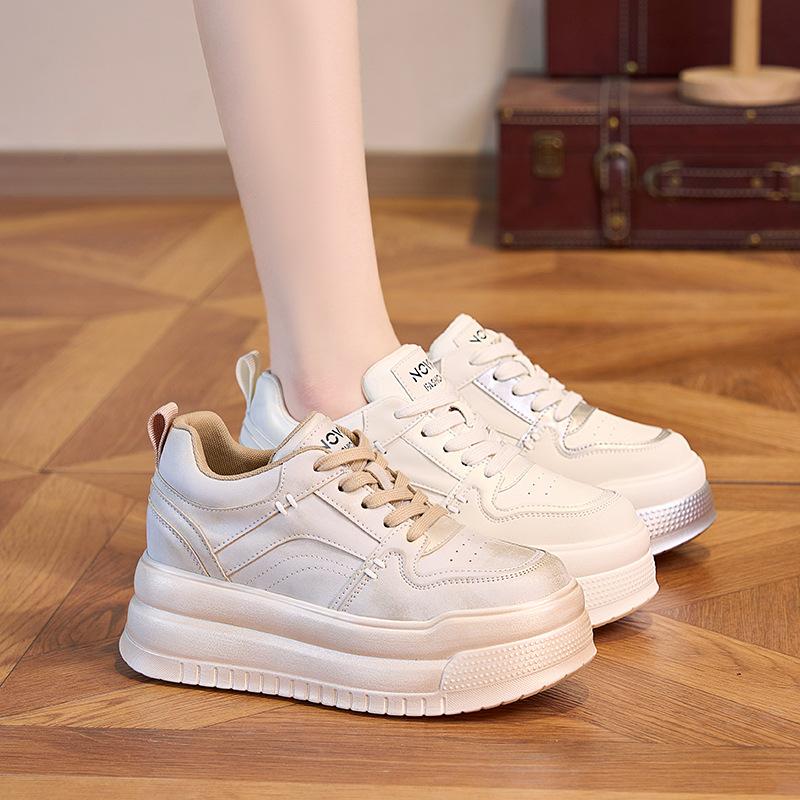 Fashion 6CM Genuine Leather Comfy Hidden Heel Block Flats Skate Board Platform Wedge Breathable Sneakers Vulcanized Chunky Shoes