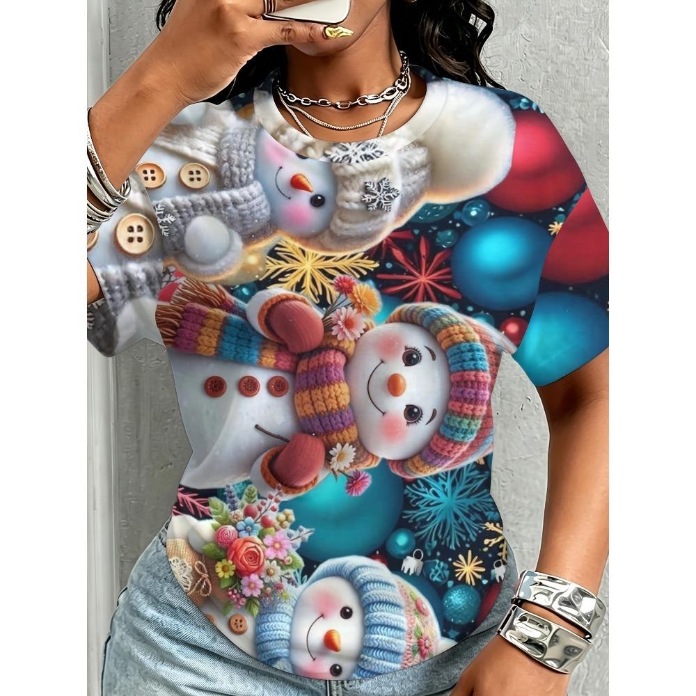 Summer Christmas Snowman Series 3D Print T-Shirt Loose Fit Short Sleeve T-shirt Breathable Women Casual Comfortable Creative Versatile Sports T-shirt