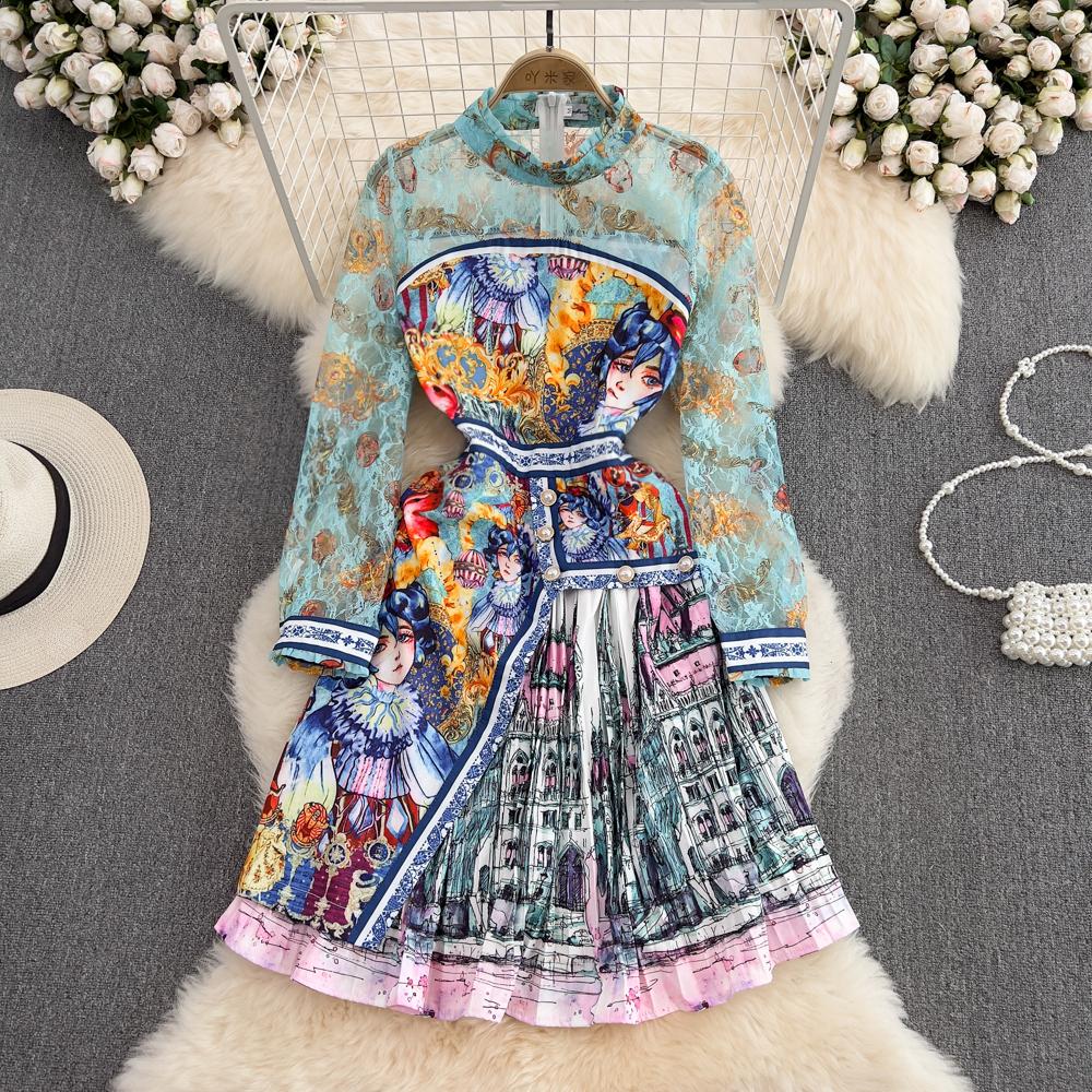 

RUGOD летнее новое модное нежное стильное платье трапециевидной формы с воротником-стойкой и кружевным принтом