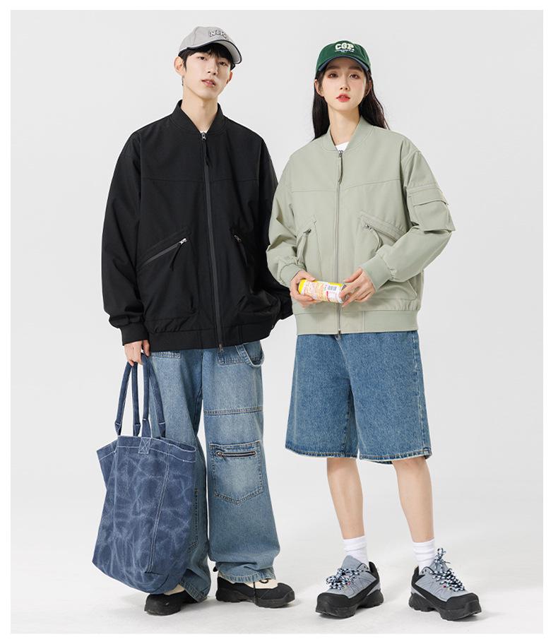 2025 Japanese Trendy Men's Retro Loose Stand Collar Bomber Jacket - Spring Casual Drop Shoulder Workwear Style.