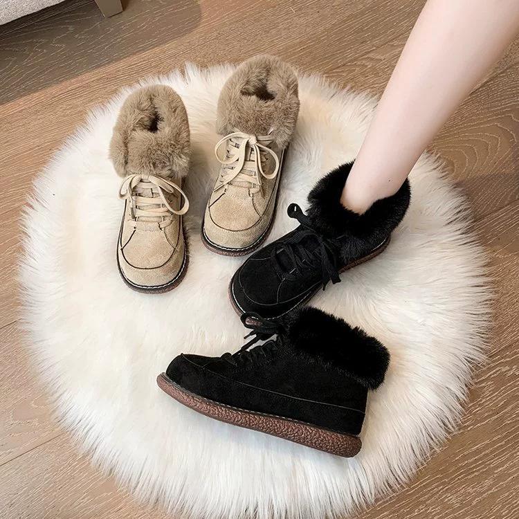 Autumn Winter Snow Boots Women's Winter Plush Warm Cotton Shoes Versatile Lace Up Anti-skid Thick Soled Wool Cotton Shoes