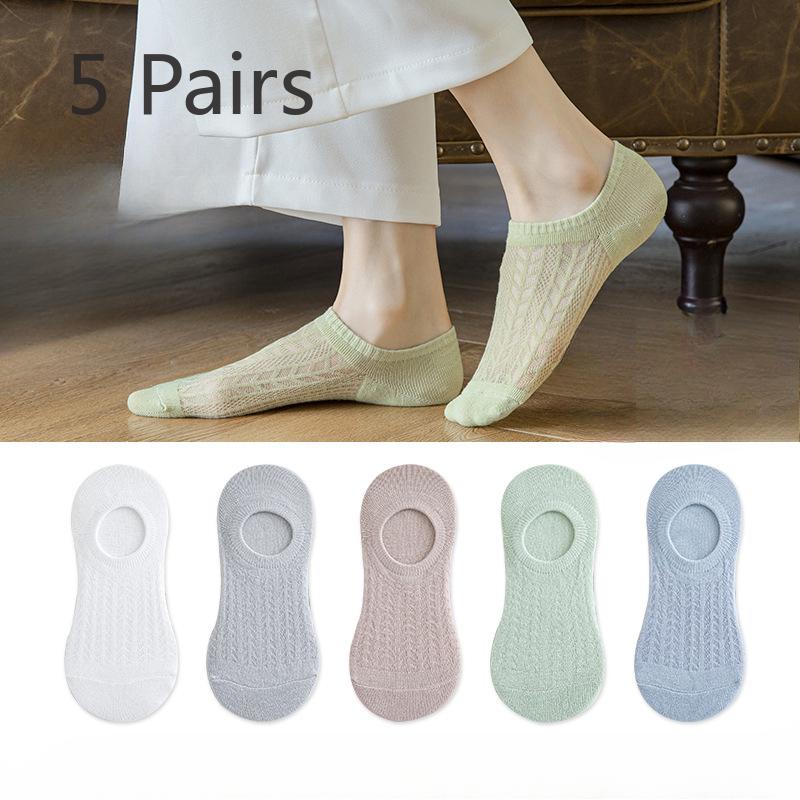 5 Pairs of  Women's Summer Thin Cotton Mesh Non Slip Non Slip Heel Shallow Mouth Invisible Boat Socks