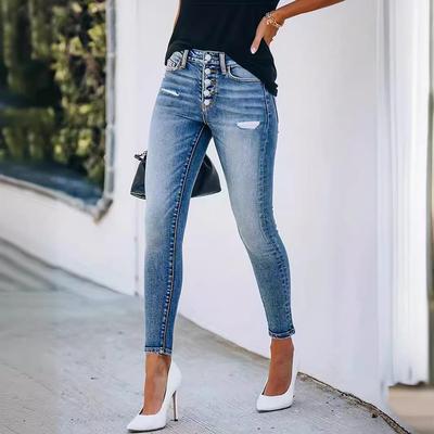 European & American Style Button-Up Ripped Skinny Jeans - Fashion Pencil Pants In Stock
