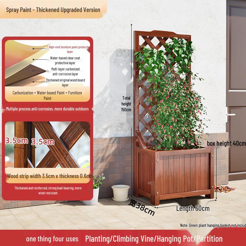 Carbonized Wooden Planter with Trellis: Outdoor Anticorrosive Flower Pot and Climbing Rack for Balcony or Garden.
