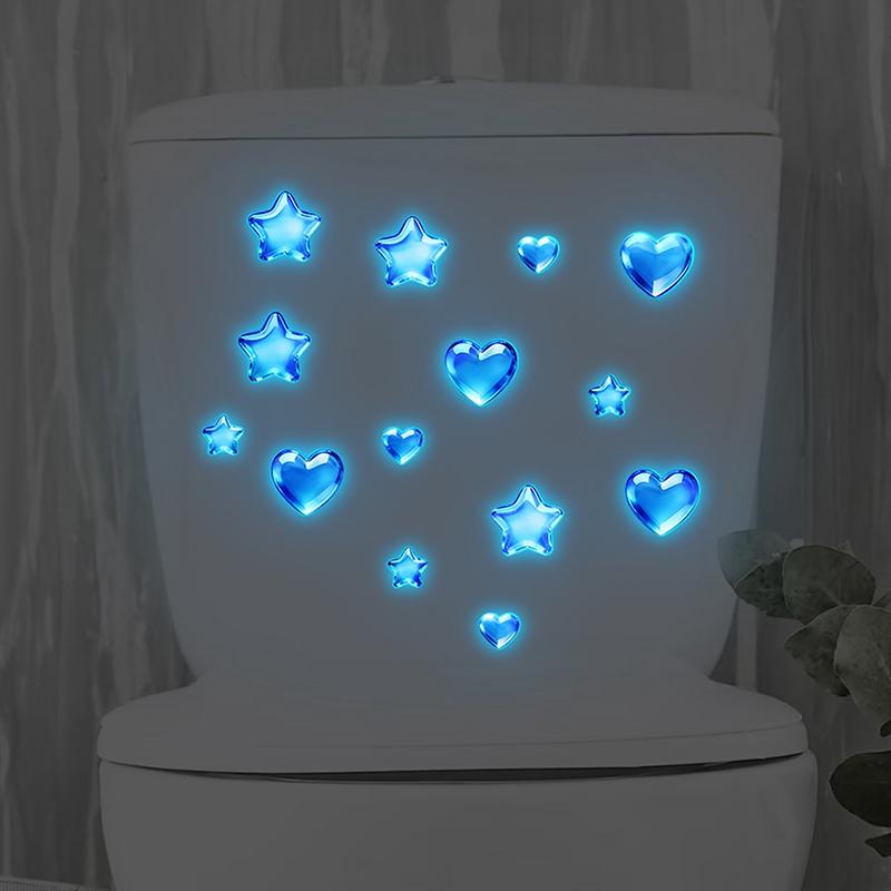 Blue Stars And Hearts Glow-In-The-Dark Toilet Sticker Self-Adhesive Removable Wall Sticker Bathroom Decoration Car Sticker