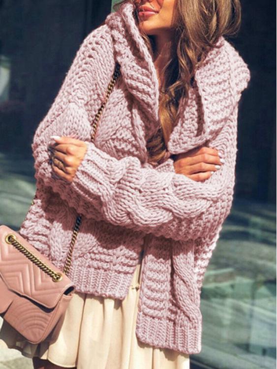 Women's Chunky Cable Knit Cardigan Hat Set - 2025 Autumn/Winter European & American Style Solid Sweater