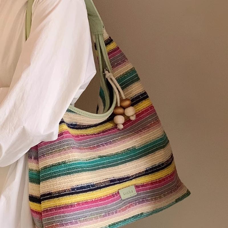 Neue Regenbogen Bunte Schulter Taschen Casual Damen Leinwand Meer Gewebte Handtaschen Einfache Weibliche Große Kapazität Handheld Tote Taschen