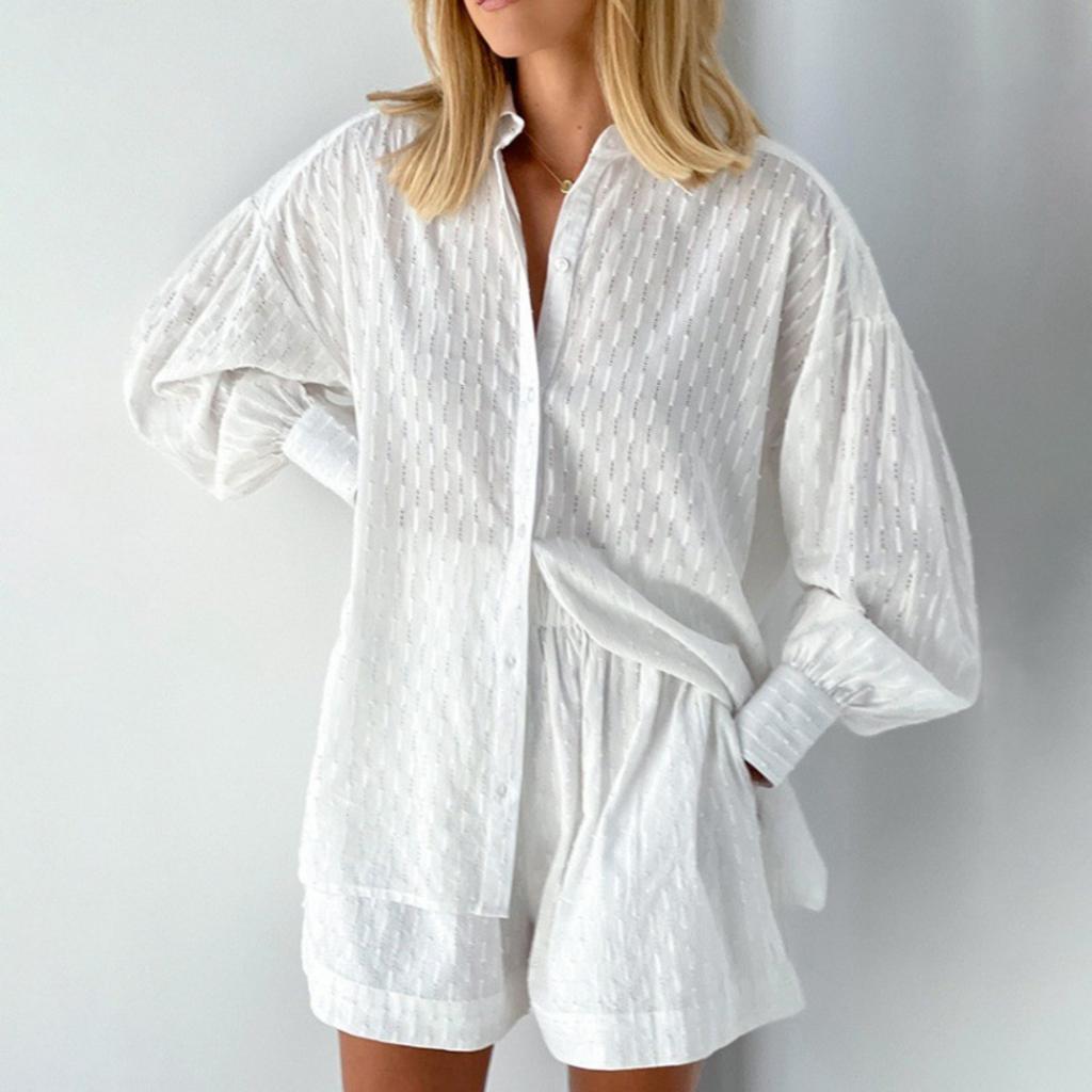 Women's Long Sleeve Loose Fit Jacquard Top Short Pants 2-Piece Set Casual Outfit