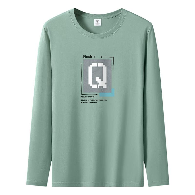 Q Pattern Mens Long Sleeved Tee Shirt Pure Cotton Plus Size Man Casual Pullovers