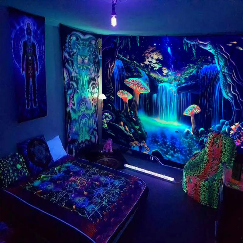 1pc Fluorescent fantasy mushroom forest tapestry, UV responsive waterfall landscape tapestry, psychedelic starry sky tapestry 73x95cm