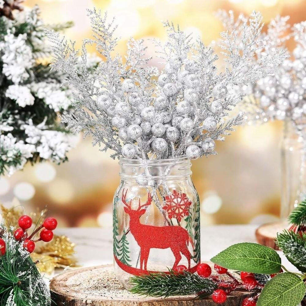 5Pcs Glitter Christmas Pine Branches Berrie Solid Color Artificial Pine Plants Realistic DIY Wreath Gifts Simulation Green Plant