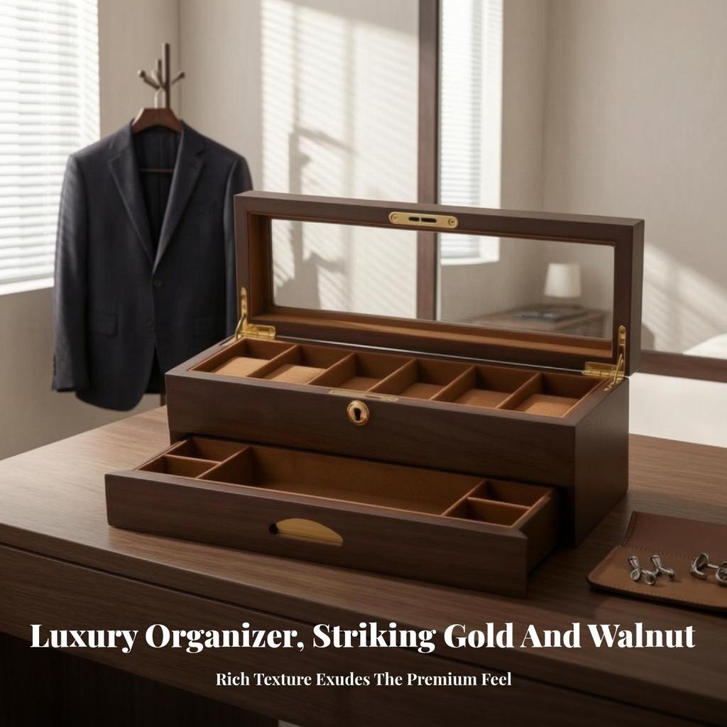 Double-Layer Watch Case Velvet-Lined Jewelry Storage Box with Drawer Padded