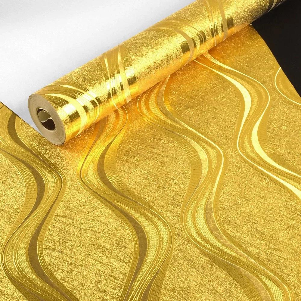 

Водонепроницаемые Роскошные Полосатые Обои Домашний Декор Современные Настенные Покрытия Рулон 9,5 м Дамаск Металлик Блеск Золотая Фольга Обои 53cmx9.5m