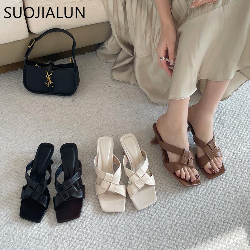 Fashion SUOJIALUN 2025 Summer New Brand Women Slipper Fashion Square Toe Slip On Ladies Slides Square High Heel Dress Sandal Shoes