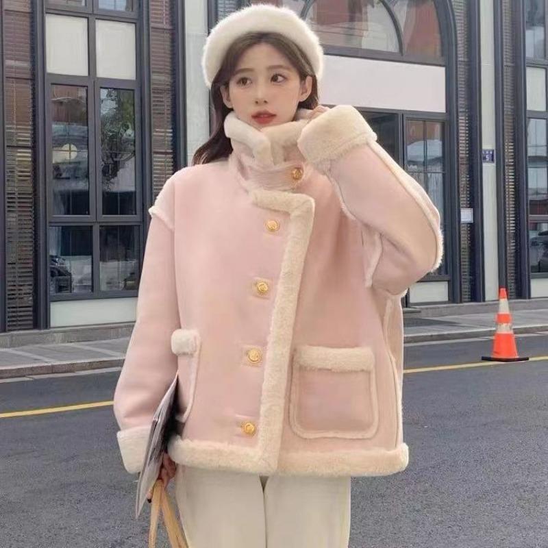 Women Thickened Loose Cashmere Patchwork Jacket Winter Solid Color Long Sleeve Warm Casual Coat Single Breasted Outerwear