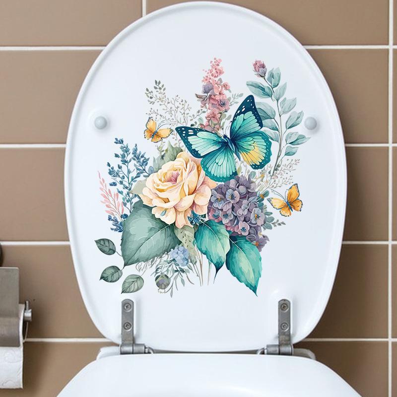 Toilet Sticker Waterproof Floral Butterfly Self Adhesive Removable No Trace for Home Bathroom Renovate