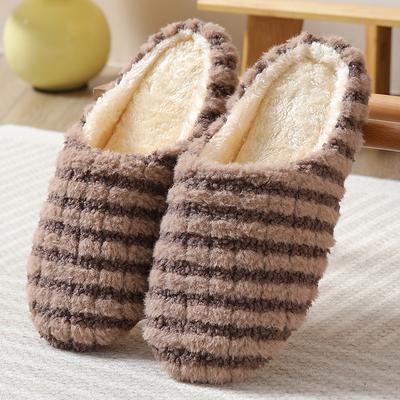 Women Plush Striped Warm House Slippers with Anti-Slip Sole Shoe